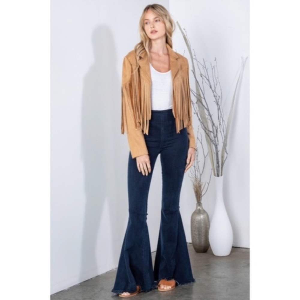 SOLD OUT Camel Faux Leather Suede Fringe Cropped Western Boho Moto Jacket - Picture 6 of 13
